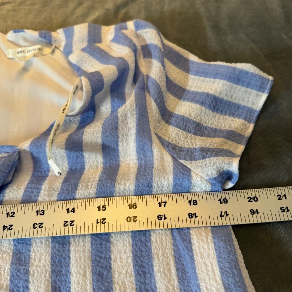 Avec Les Filles Shift Dress Size 10 Blue White Striped Tie Front Ruffle Coastal